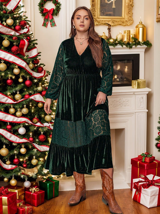 Front view of Plus Size Lace Patchwork V-Neck Balloon Sleeve Midi Dress in Dark Green showing neckline and sleeve details