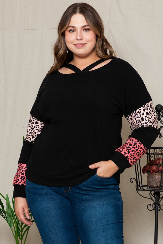 Front view of Plus Size Leopard Dropped Shoulder Long Sleeve T-Shirt in Black showing neckline and sleeve details