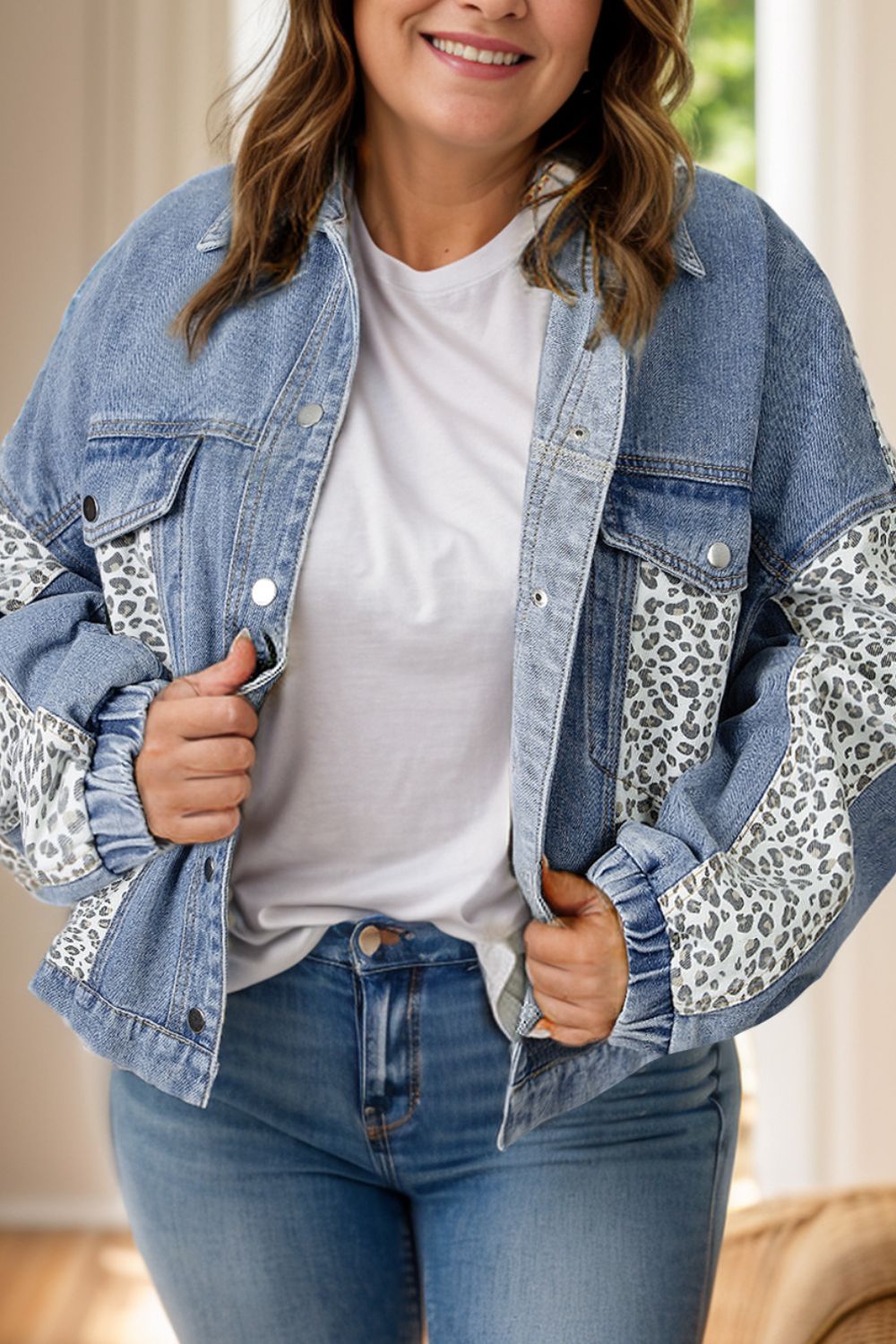 Plus Size Leopard Long Sleeve Denim Jacket - Rochelle's House LLC