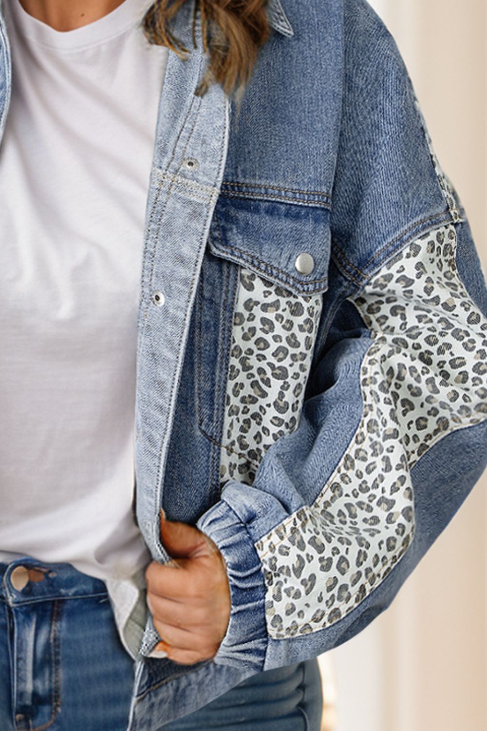 Plus Size Leopard Long Sleeve Denim Jacket - Rochelle's House LLC