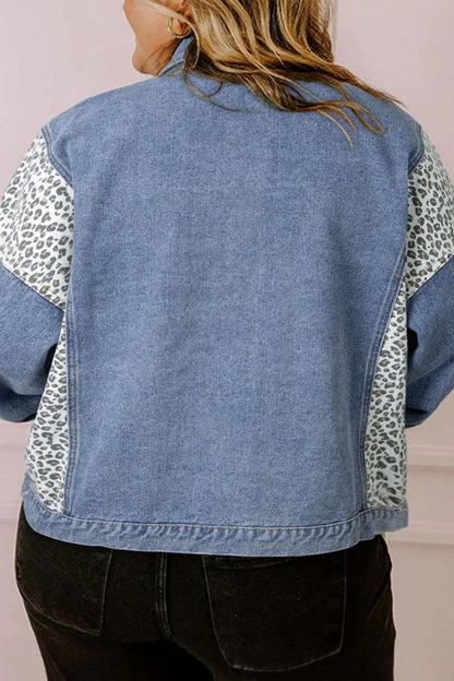 Plus Size Leopard Long Sleeve Denim Jacket - Rochelle's House LLC