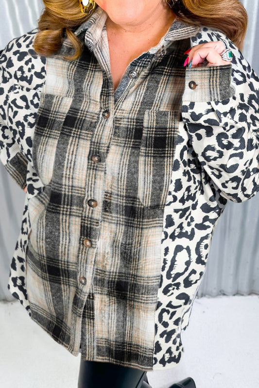 Plus Size Leopard Plaid Button Up Long Sleeve Shacket - Rochelle's House LLC