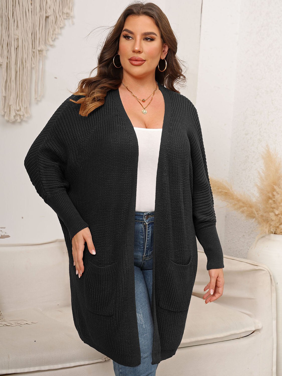Plus Size Open Front Cardigan With Pockets - Rochelle's House LLC
