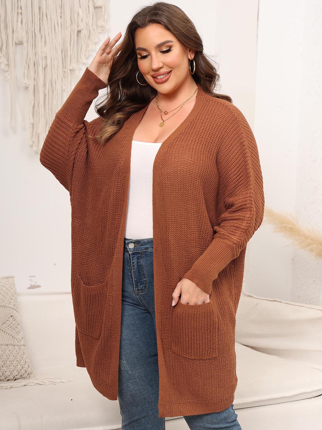 Plus Size Open Front Cardigan With Pockets - Rochelle's House LLC