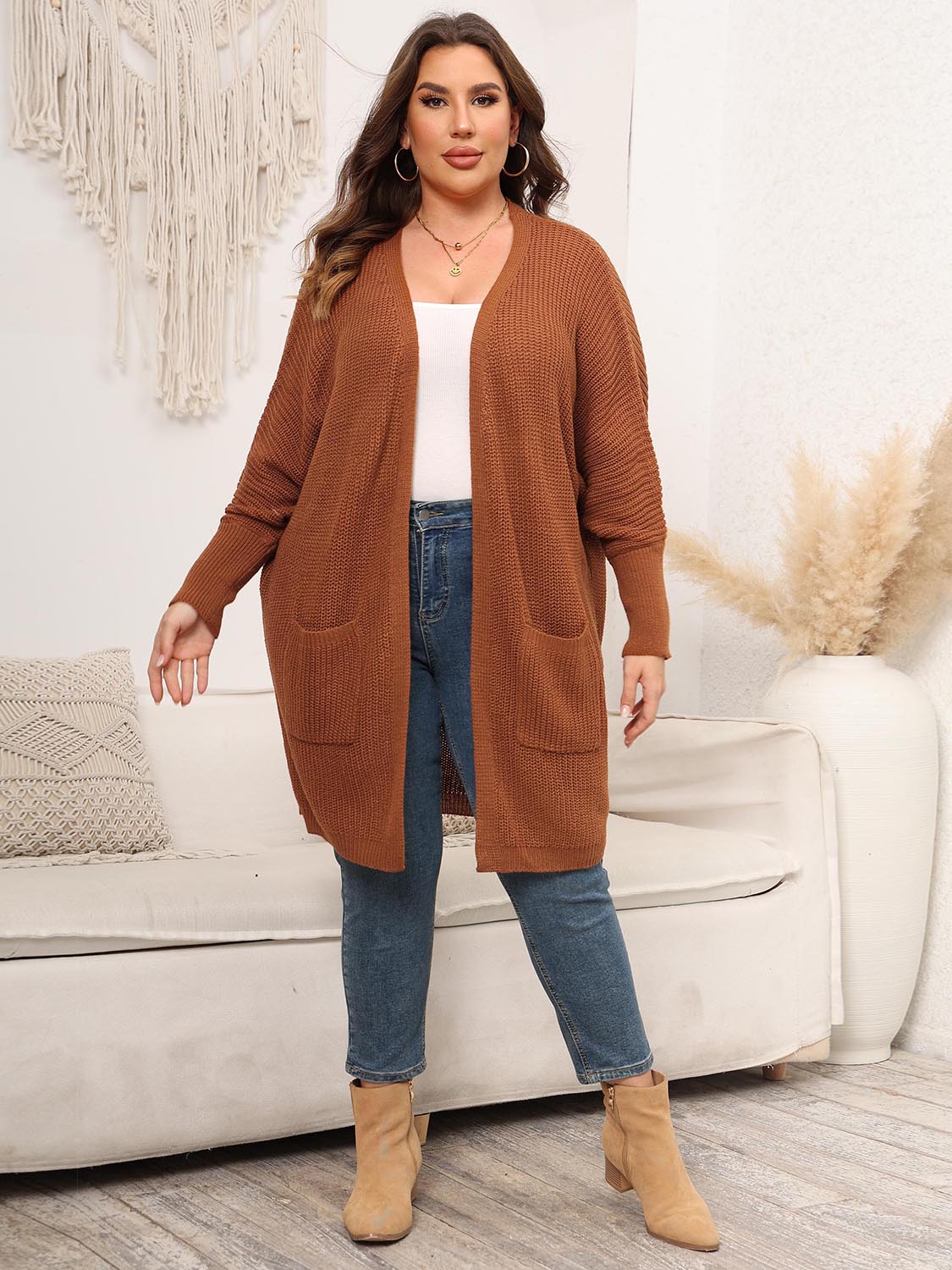 Plus Size Open Front Cardigan With Pockets - Rochelle's House LLC