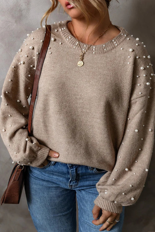 Front view of Plus Size Pearl Detail Round Neck Long Sleeve Sweater in Dust Storm showing neckline and sleeve details