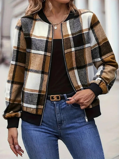 Front view of Plus Size Plaid Baseball Collar Zip Up Jacket in Caramel showing neckline and sleeve details