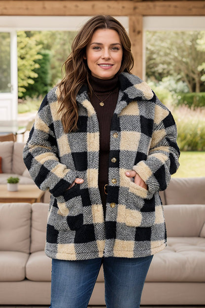 Front view of Plus Size Plaid Button Up Long Sleeve Coat in Camel showing neckline and sleeve details