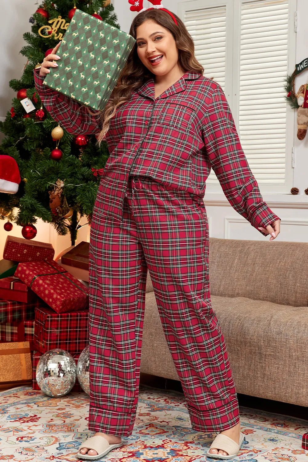 Front view of Plus Size Plaid Collared Neck Top and Pants Lounge Set in Plaid showing neckline and sleeve details