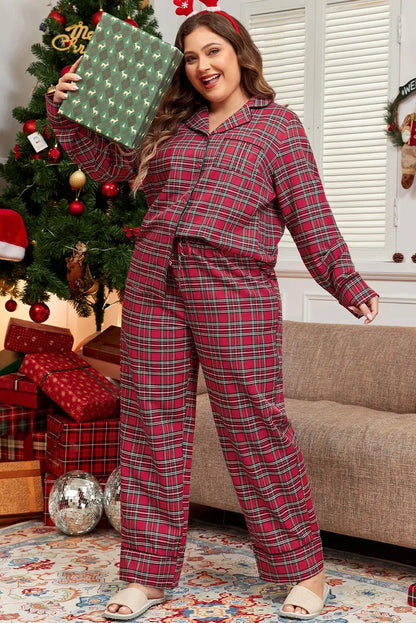 Front view of Plus Size Plaid Collared Neck Top and Pants Lounge Set in Plaid showing neckline and sleeve details
