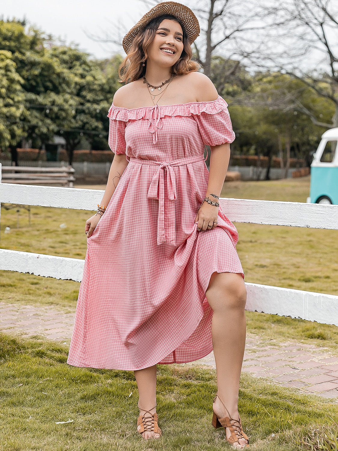 Plus Size Plaid Off - Shoulder Short Sleeve Midi Dress - Rochelle's House LLC