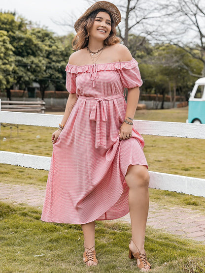 Plus Size Plaid Off - Shoulder Short Sleeve Midi Dress - Rochelle's House LLC