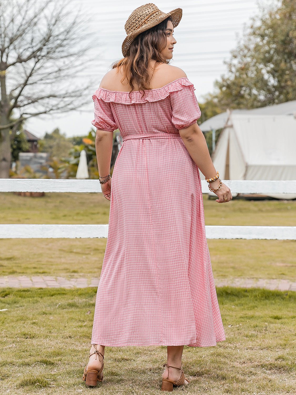 Plus Size Plaid Off - Shoulder Short Sleeve Midi Dress - Rochelle's House LLC