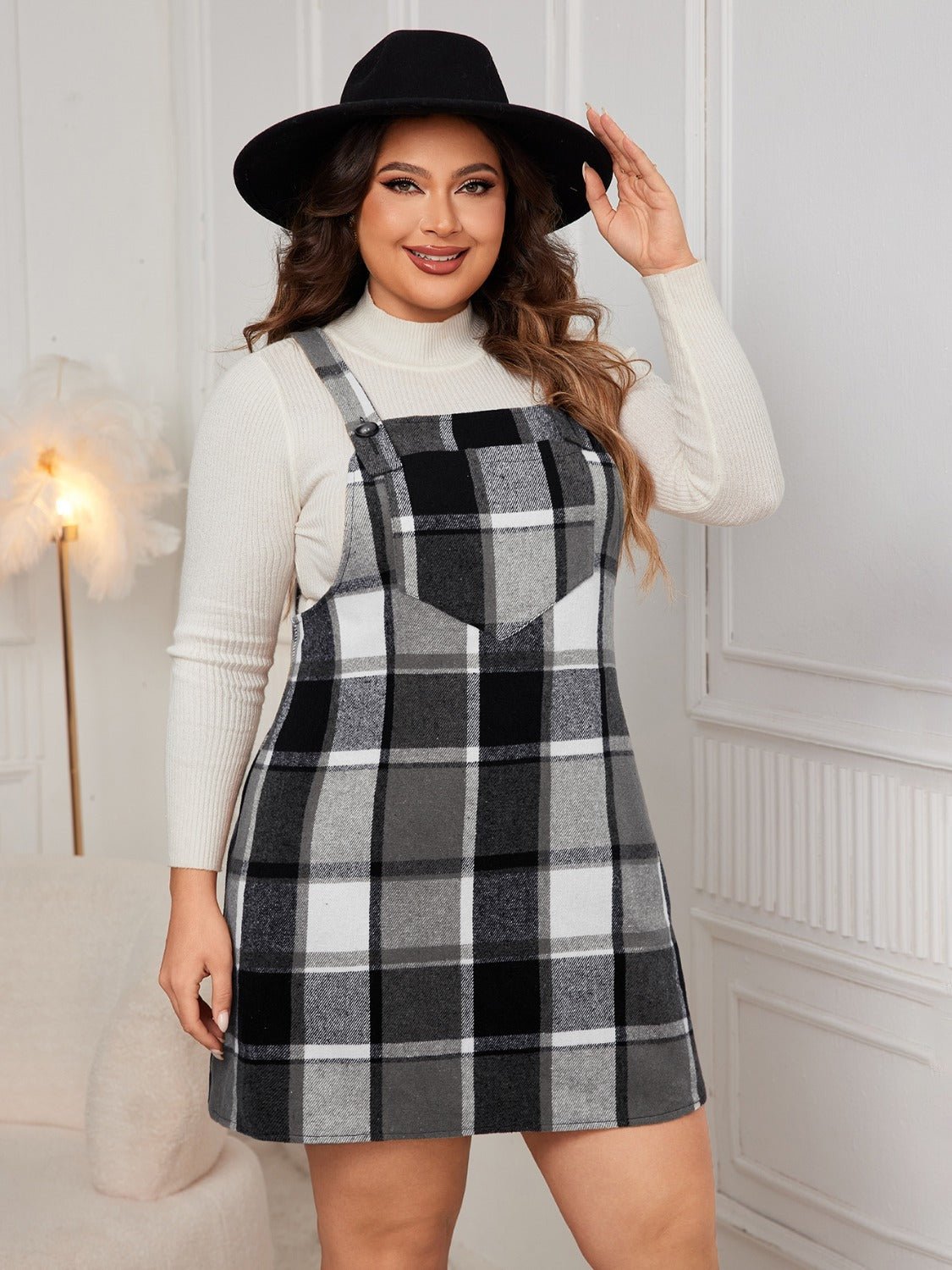 Plus Size Plaid Wide Strap Overall Dress - Rochelle's House LLC
