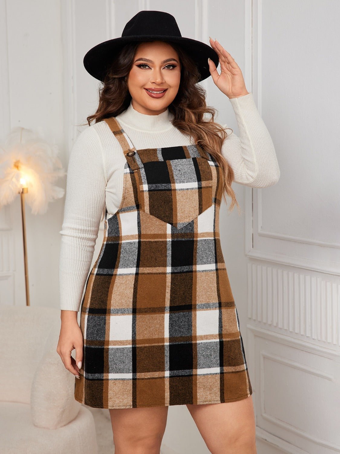 Plus Size Plaid Wide Strap Overall Dress - Rochelle's House LLC