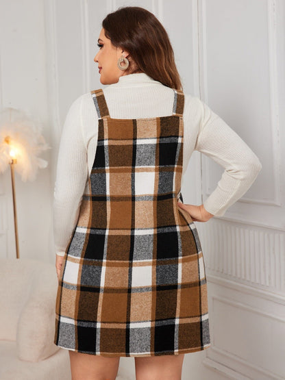 Plus Size Plaid Wide Strap Overall Dress - Rochelle's House LLC
