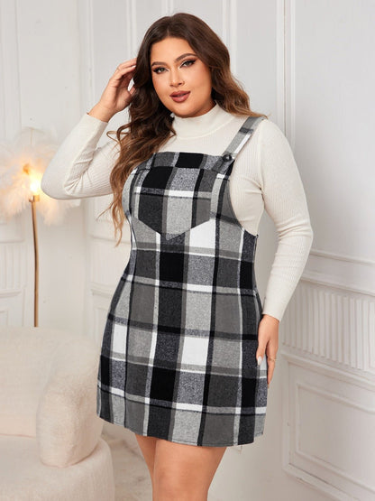 Plus Size Plaid Wide Strap Overall Dress - Rochelle's House LLC