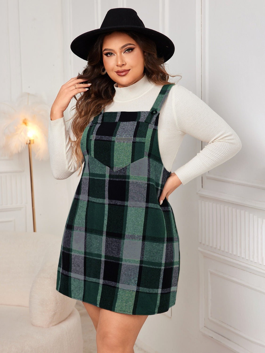Plus Size Plaid Wide Strap Overall Dress - Rochelle's House LLC