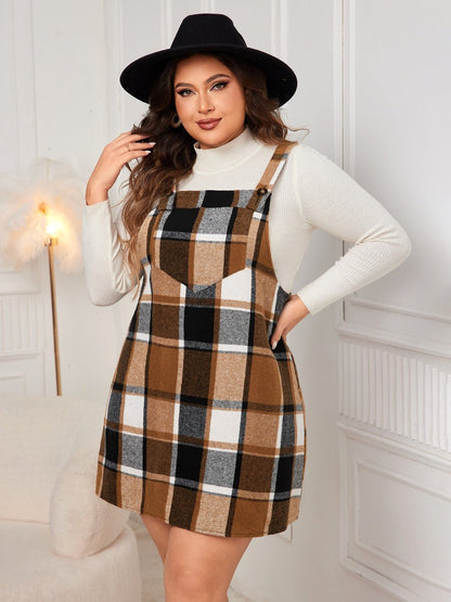 Plus Size Plaid Wide Strap Overall Dress - Rochelle's House LLC