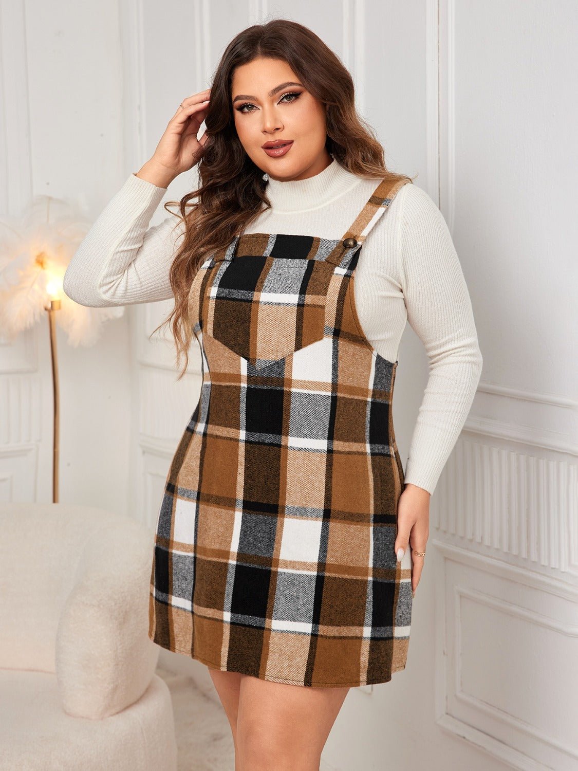 Plus Size Plaid Wide Strap Overall Dress - Rochelle's House LLC