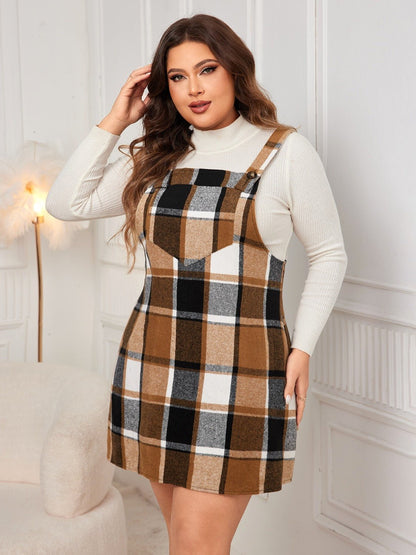 Plus Size Plaid Wide Strap Overall Dress - Rochelle's House LLC