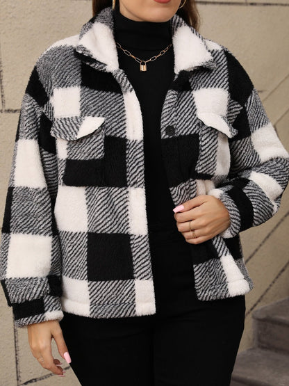 Front view of Plus Size Pocketed Plaid Collared Neck Jacket in Black showing neckline and sleeve details