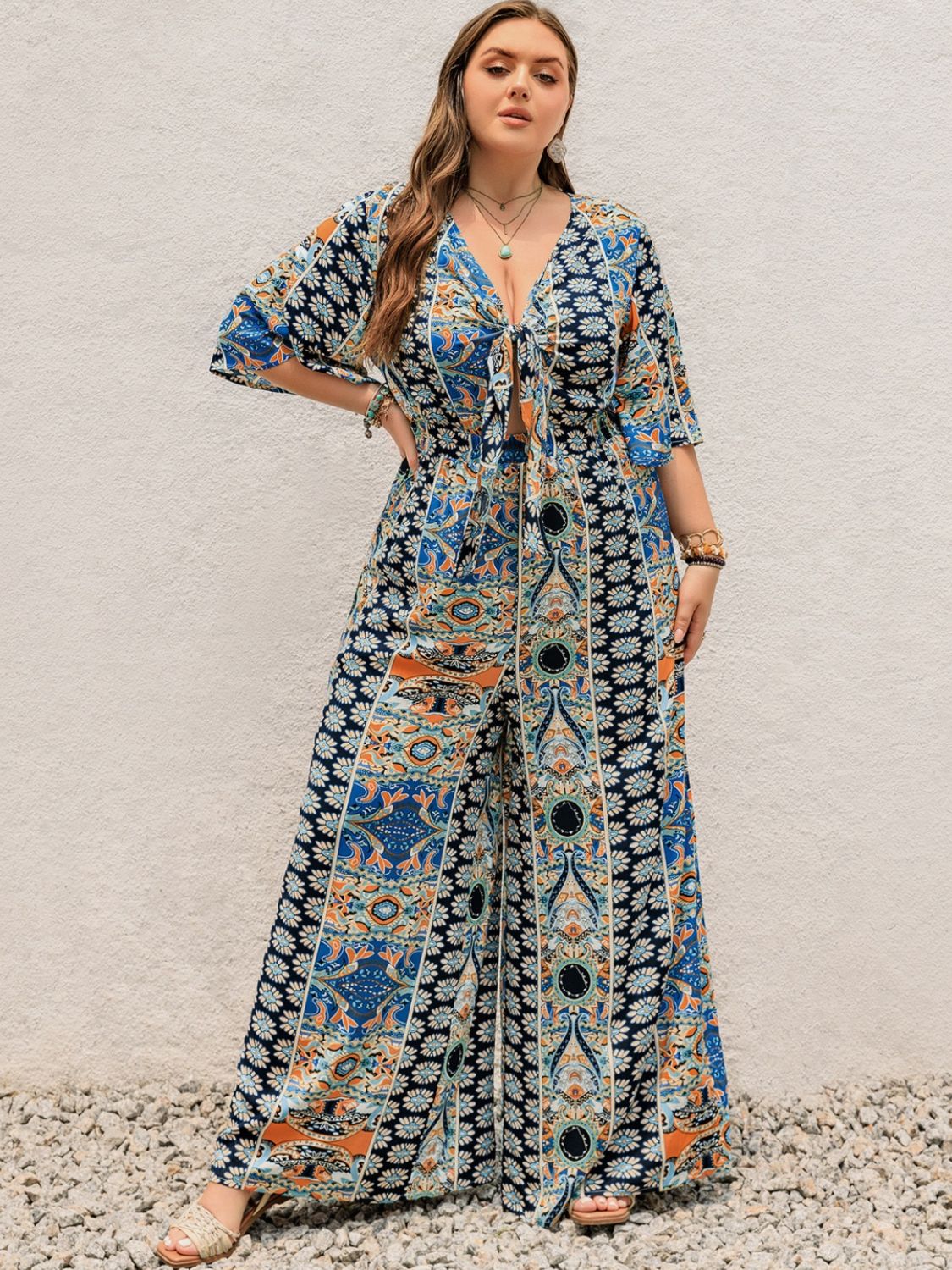 Plus Size Printed Half Sleeve Wide Leg Jumpsuit - Rochelle's House LLC