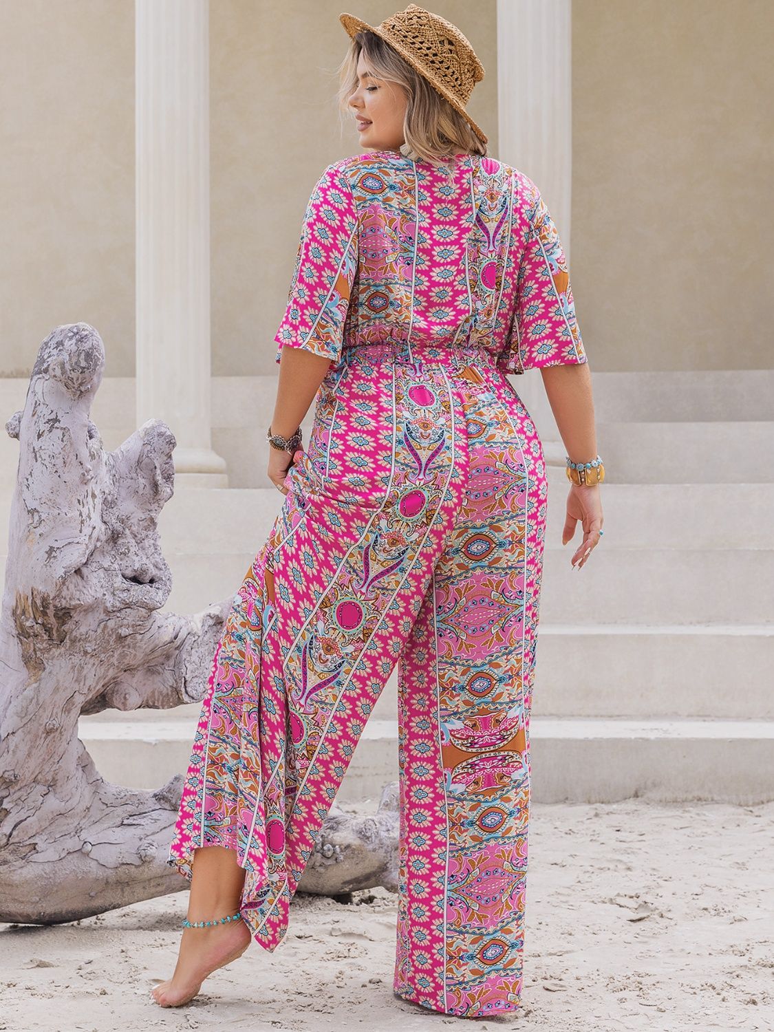 Plus Size Printed Half Sleeve Wide Leg Jumpsuit - Rochelle's House LLC