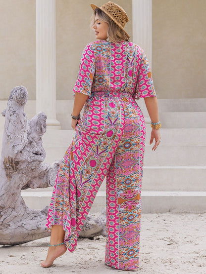 Plus Size Printed Half Sleeve Wide Leg Jumpsuit - Rochelle's House LLC