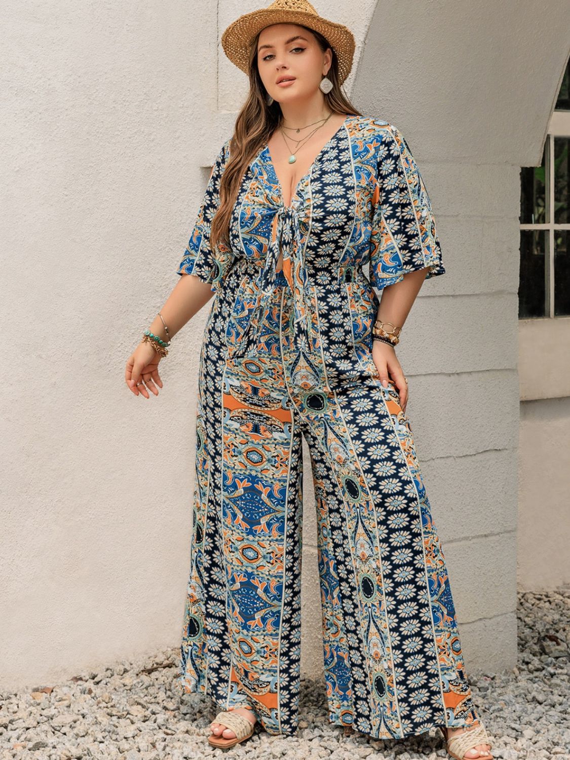 Plus Size Printed Half Sleeve Wide Leg Jumpsuit - Rochelle's House LLC