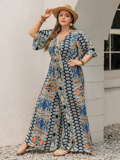 Plus Size Printed Half Sleeve Wide Leg Jumpsuit - Rochelle's House LLC
