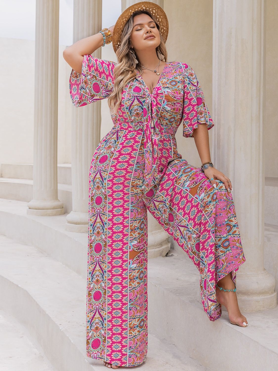 Plus Size Printed Half Sleeve Wide Leg Jumpsuit - Rochelle's House LLC