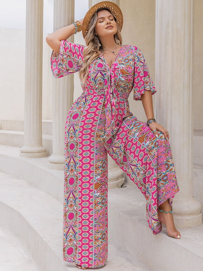 Plus Size Printed Half Sleeve Wide Leg Jumpsuit - Rochelle's House LLC