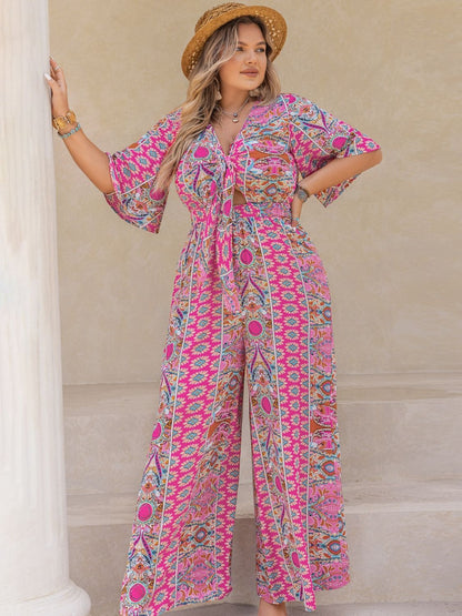 Plus Size Printed Half Sleeve Wide Leg Jumpsuit - Rochelle's House LLC