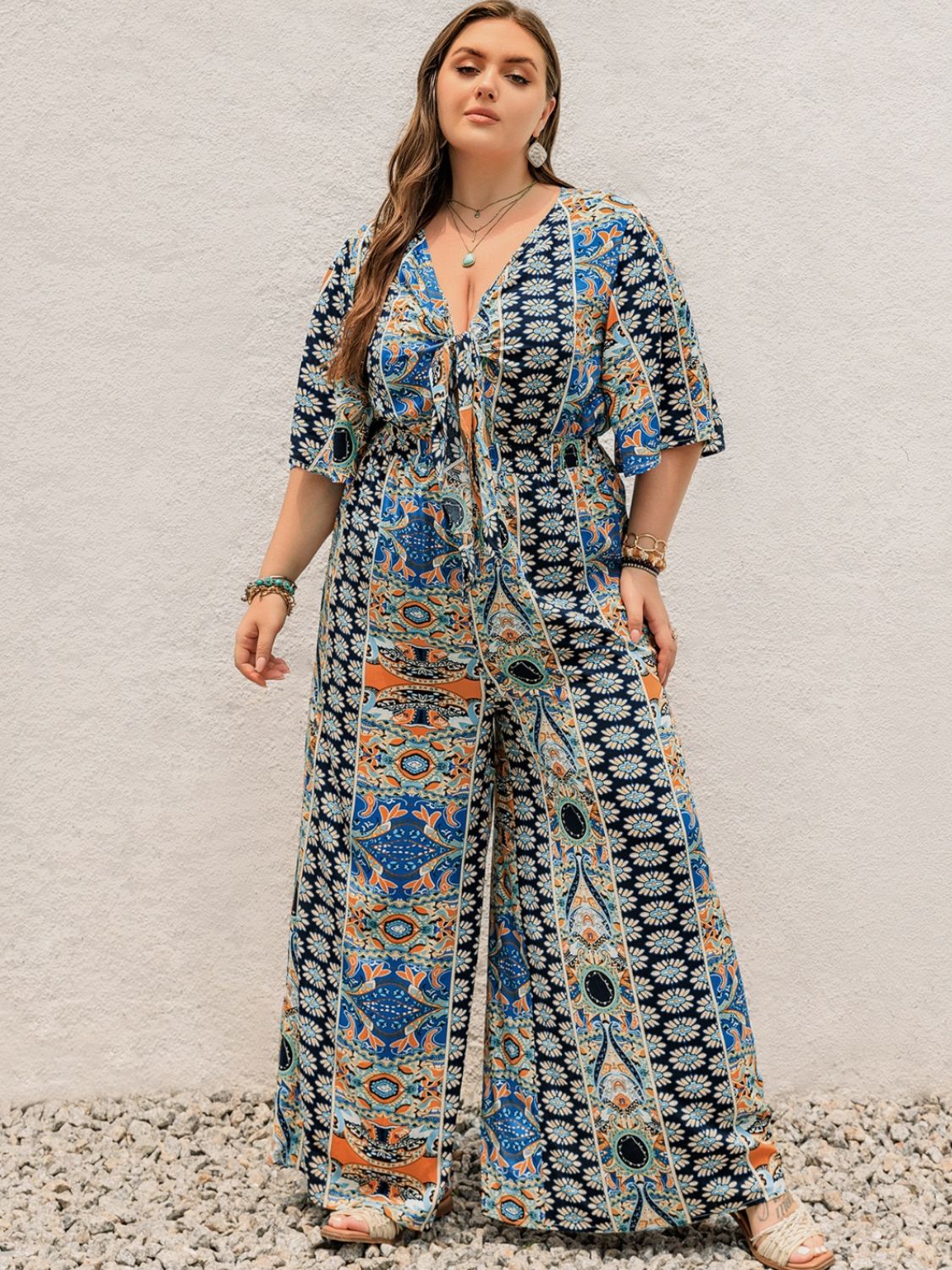 Plus Size Printed Half Sleeve Wide Leg Jumpsuit - Rochelle's House LLC