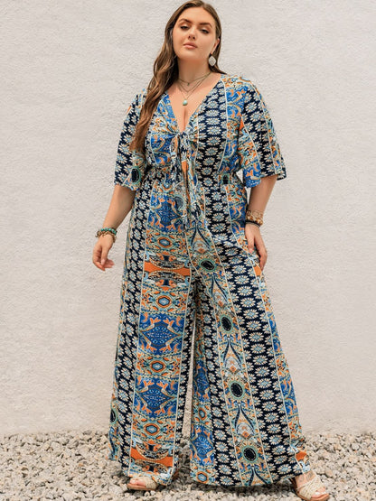 Plus Size Printed Half Sleeve Wide Leg Jumpsuit - Rochelle's House LLC