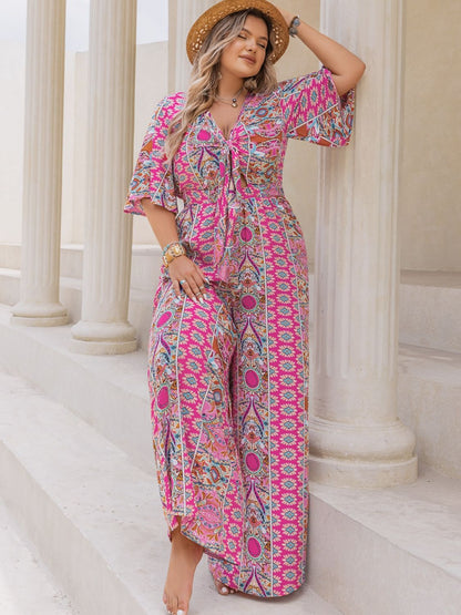 Plus Size Printed Half Sleeve Wide Leg Jumpsuit - Rochelle's House LLC