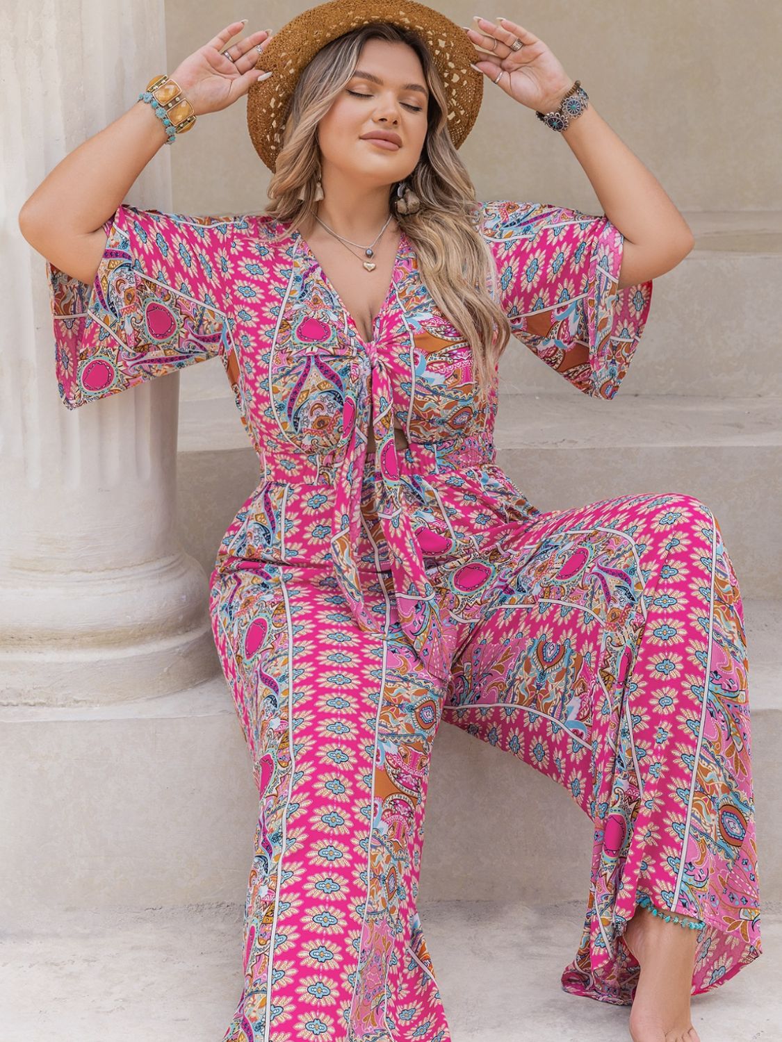 Plus Size Printed Half Sleeve Wide Leg Jumpsuit - Rochelle's House LLC