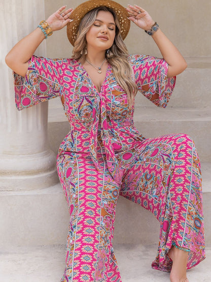 Plus Size Printed Half Sleeve Wide Leg Jumpsuit - Rochelle's House LLC