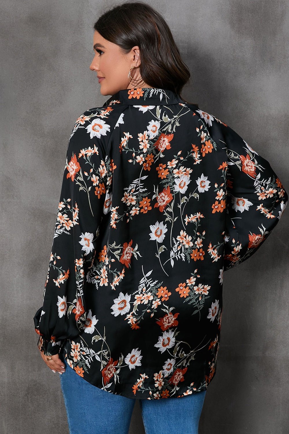 Plus Size Printed Johnny Collar Long Sleeve Blouse - Rochelle's House LLC