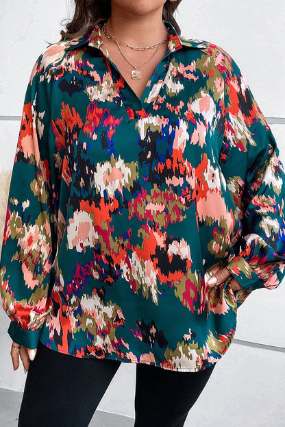 Plus Size Printed Johnny Collar Long Sleeve Blouse - Rochelle's House LLC