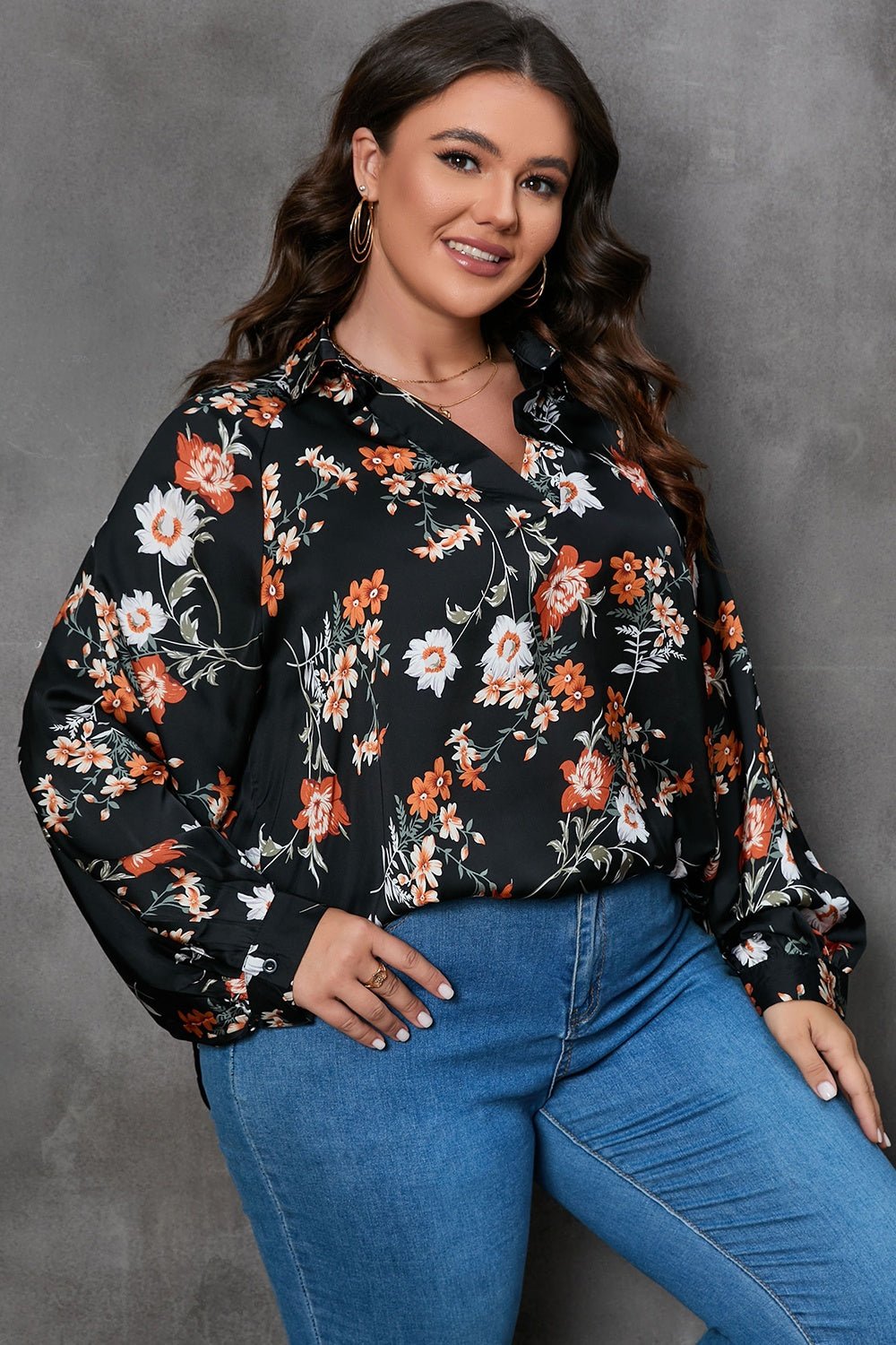 Plus Size Printed Johnny Collar Long Sleeve Blouse - Rochelle's House LLC