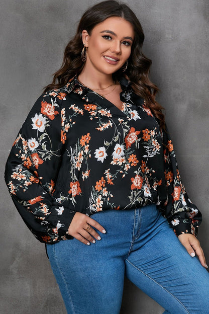 Plus Size Printed Johnny Collar Long Sleeve Blouse - Rochelle's House LLC