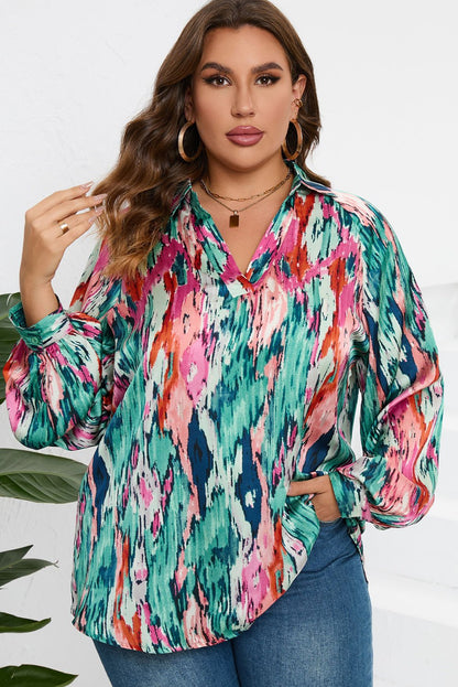 Plus Size Printed Johnny Collar Long Sleeve Blouse - Rochelle's House LLC
