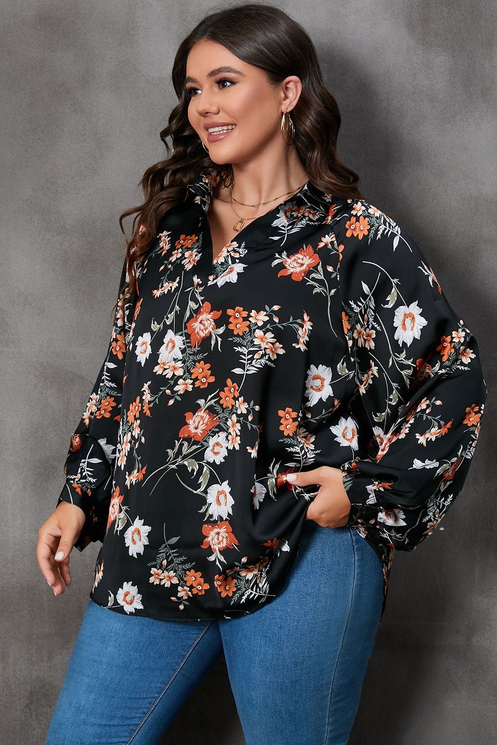 Plus Size Printed Johnny Collar Long Sleeve Blouse - Rochelle's House LLC