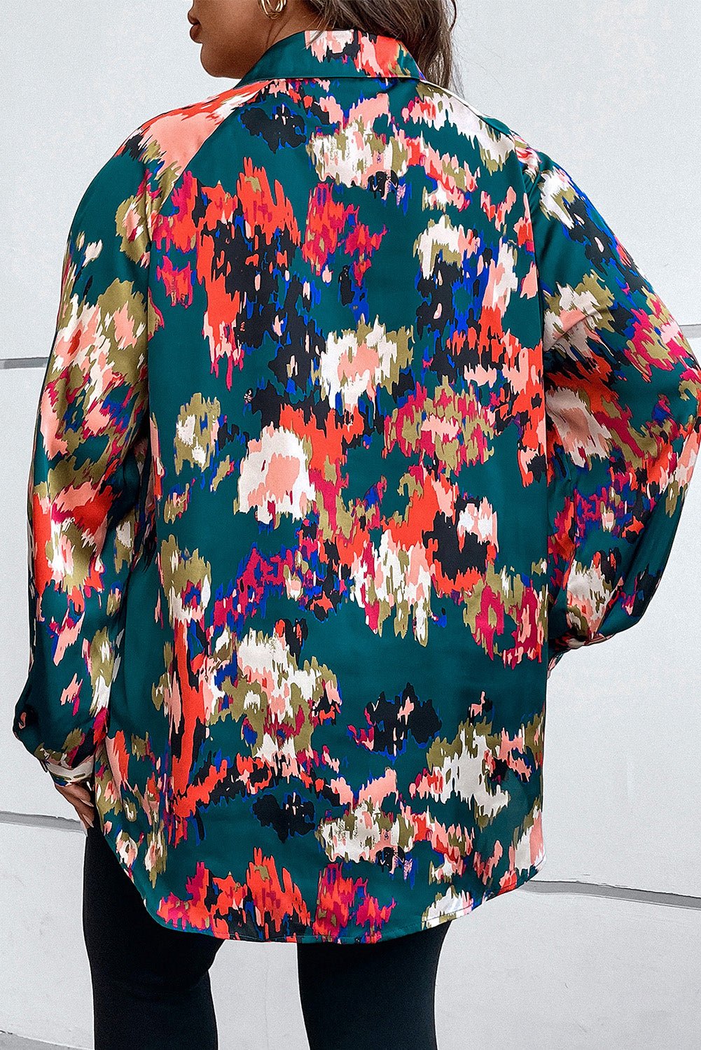 Plus Size Printed Johnny Collar Long Sleeve Blouse - Rochelle's House LLC