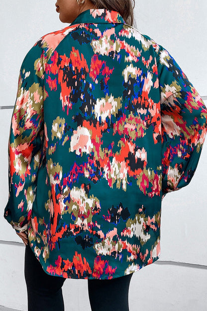 Plus Size Printed Johnny Collar Long Sleeve Blouse - Rochelle's House LLC