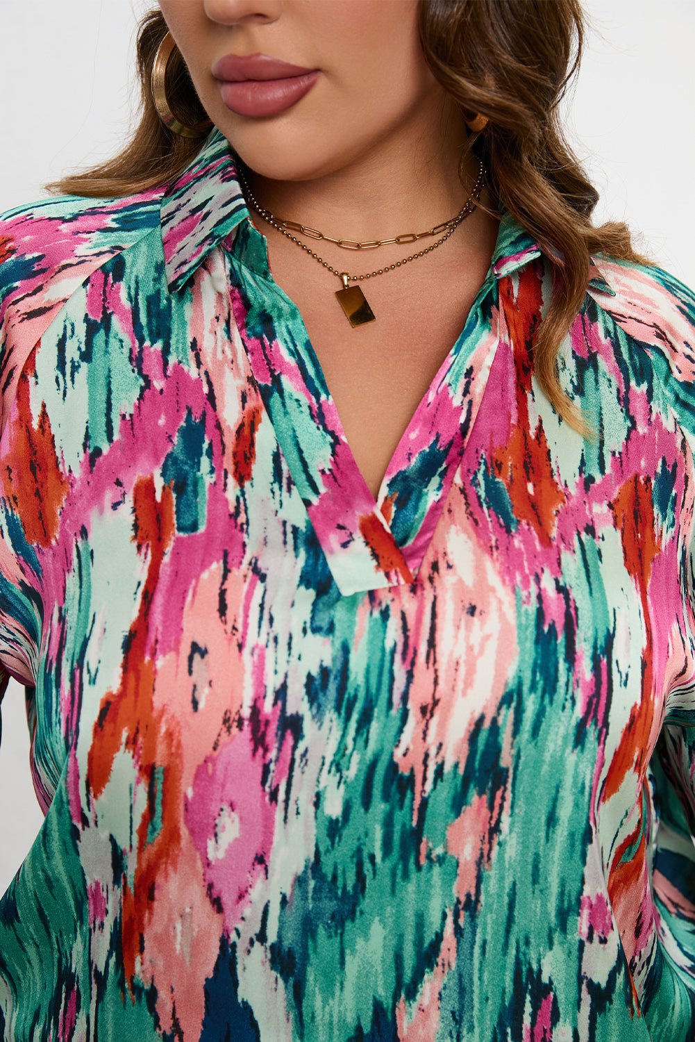 Plus Size Printed Johnny Collar Long Sleeve Blouse - Rochelle's House LLC