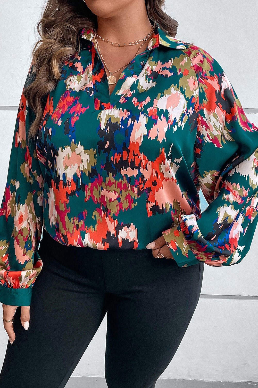 Plus Size Printed Johnny Collar Long Sleeve Blouse - Rochelle's House LLC
