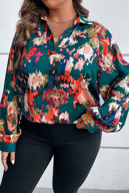 Plus Size Printed Johnny Collar Long Sleeve Blouse - Rochelle's House LLC